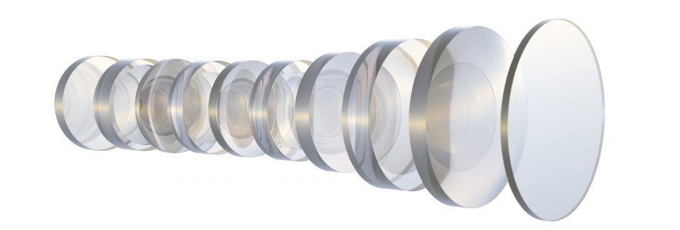 Several glass lenses. Interior camera lens . White background. in perspective